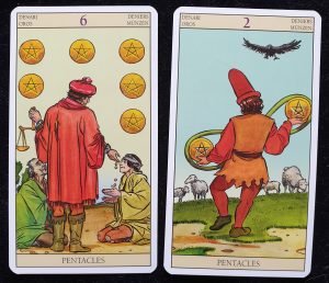 Tarot of the New Vision Six of Pentacles and Two of Pentacles